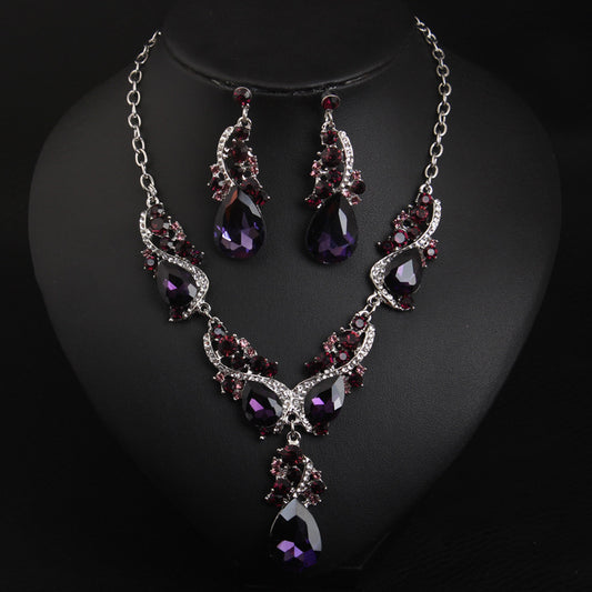 American exaggerated necklace and earrings set amethyst short clavicle chain women's dress banquet