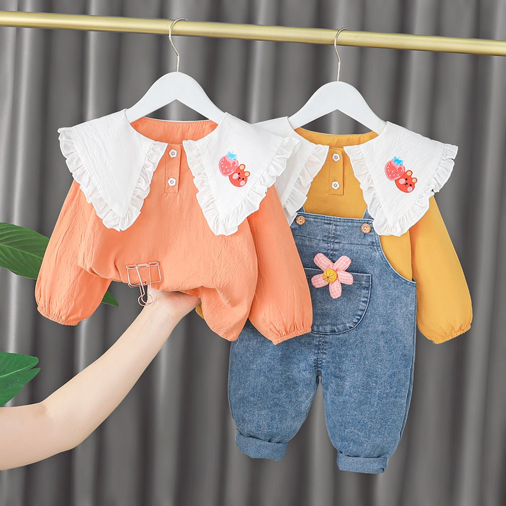Toddler Girls Baby Girl Cute Long-sleeved + Denim Suspenders Sweet Princess Style 2piece set - BTGO8418