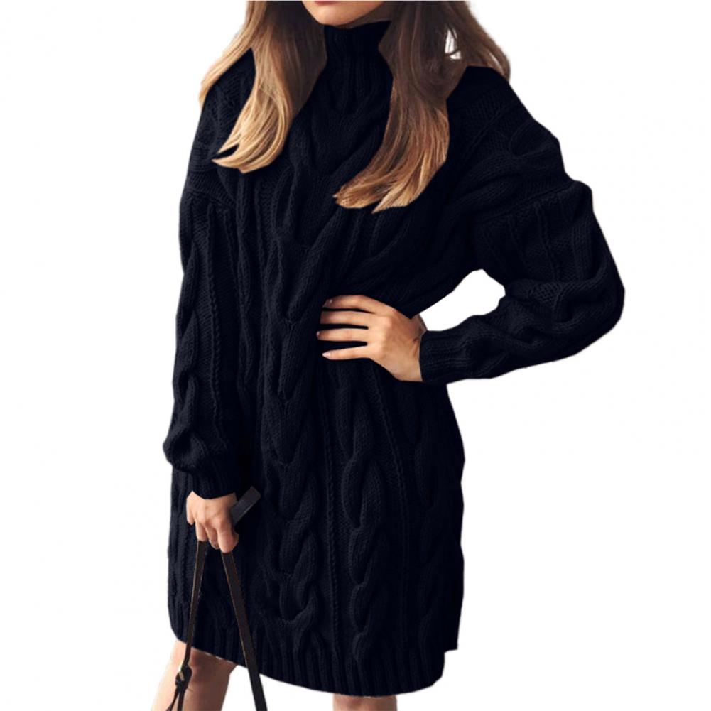 Women Sweater Dress Solid Color  High Collar Twisted Long Sleeve Dress Pullovers Sweaters - WD8094