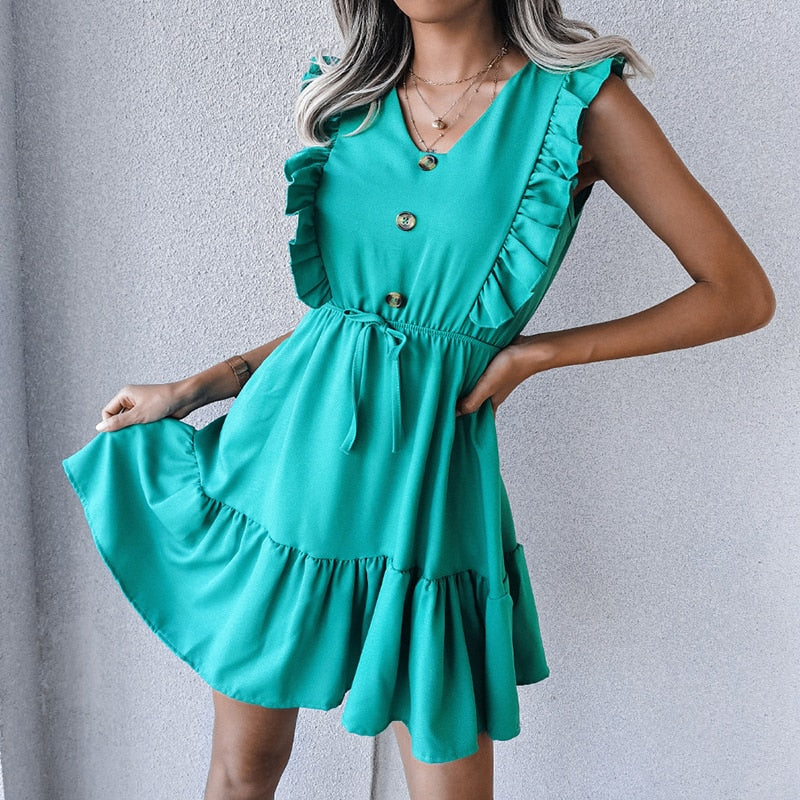 Women Sweet Buttons V Neck Ruffled Lace-up A-line Dres - WD8243