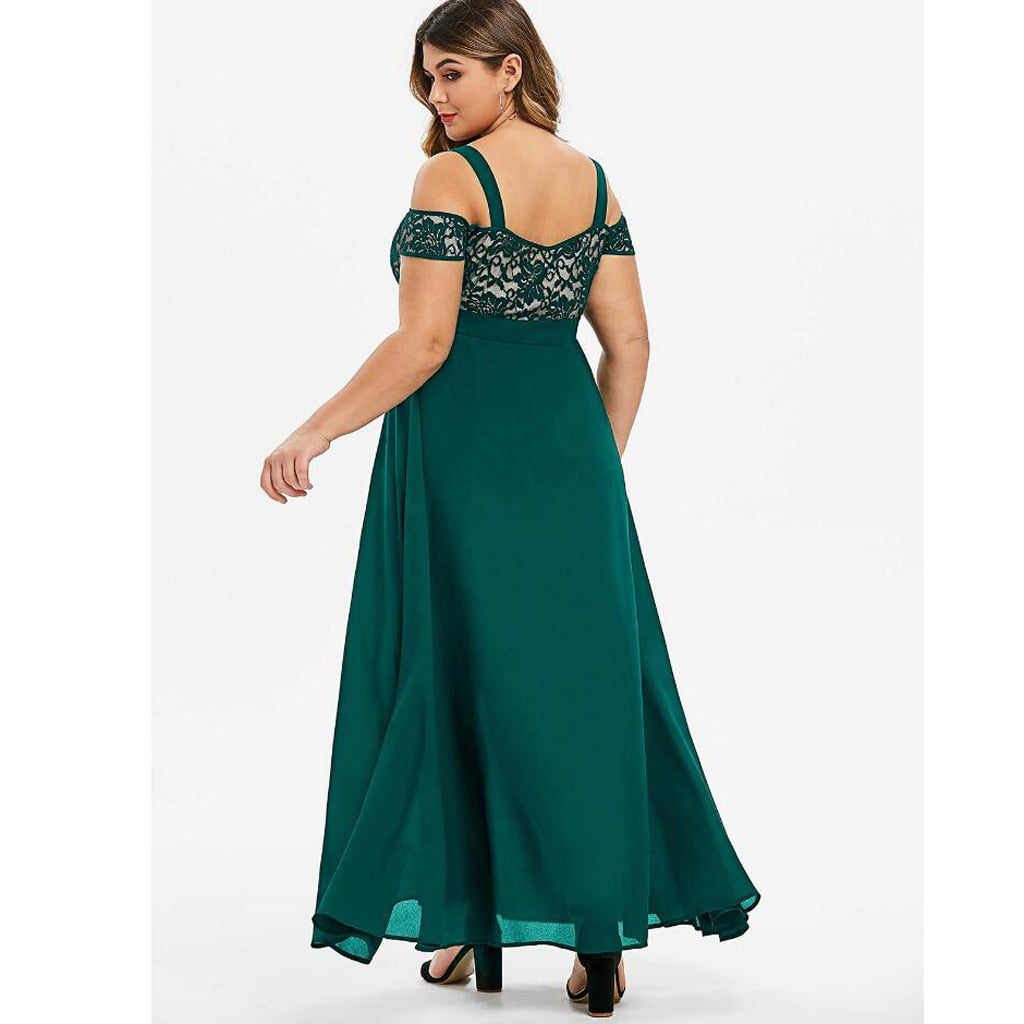Women Plus Size Off Shoulder Maxi Dress Floral Lace Ruffle Summer Long Dresses - WD8184