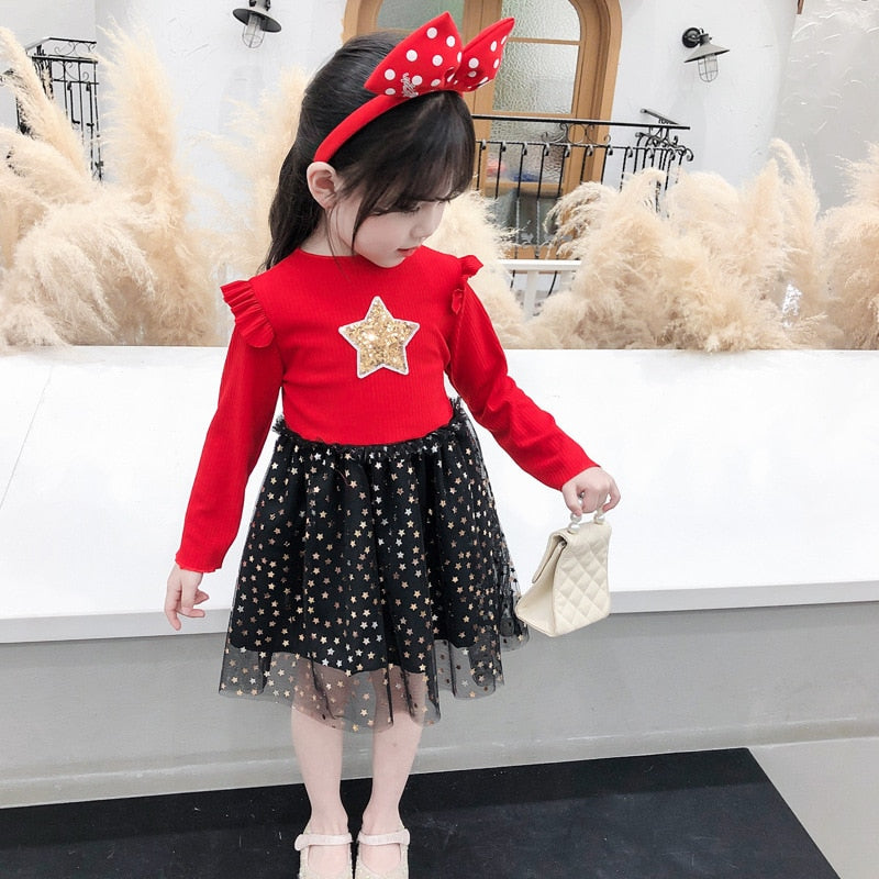 Baby Girls Spring Autumn Sweater Star Dress Infant Girl's Christmas Children Clothing Toddler Kids Dress - BTGD8516