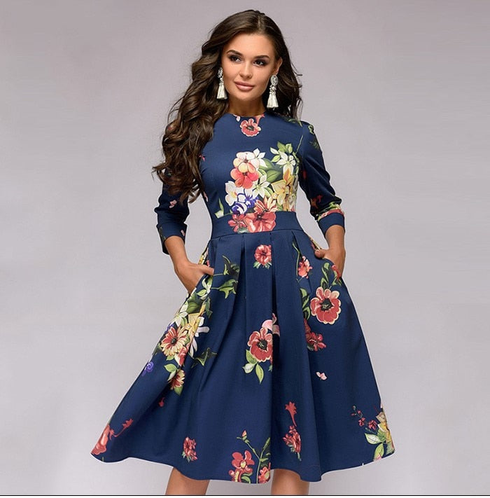 Women Eleghant Tunic Floral Printed High Waist A-Line Dress - WD8010