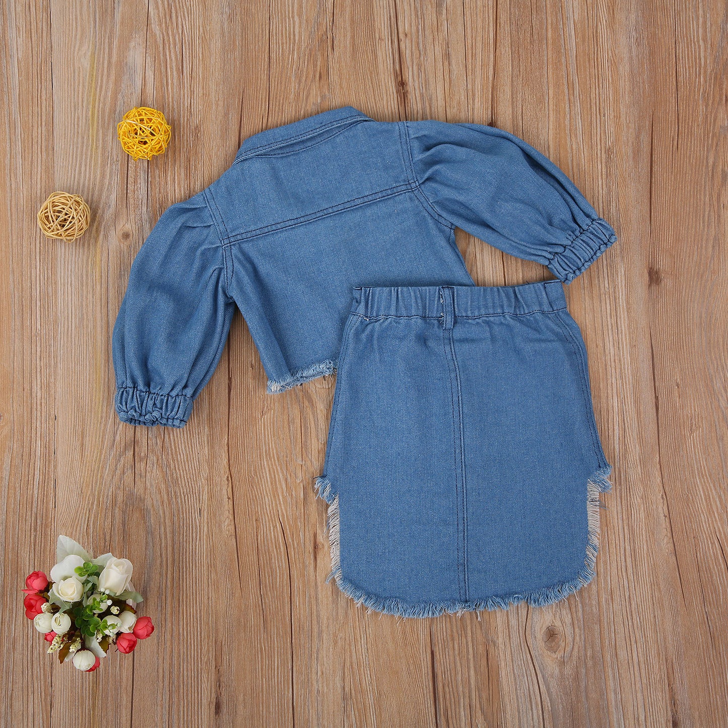 Baby&Toddler Girls Fashion Spring Autumn Long Sleeve Denim Jacket Coat Tops+Button Skirts Outfits - BTGO8391