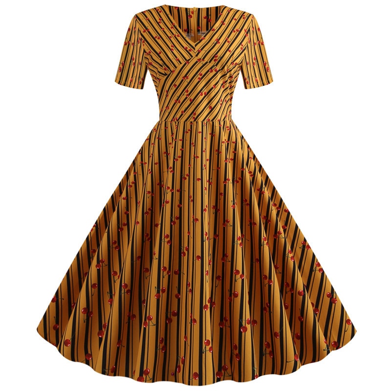 Women Plaid Print Short Sleeve V neck Elegant Slim Dress - WD8008