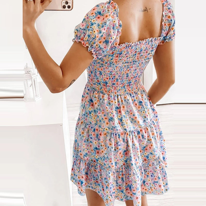 Women Floral Print Strapless Dress Fashion Summer Puff Short Sleeves Dresses - WD8223