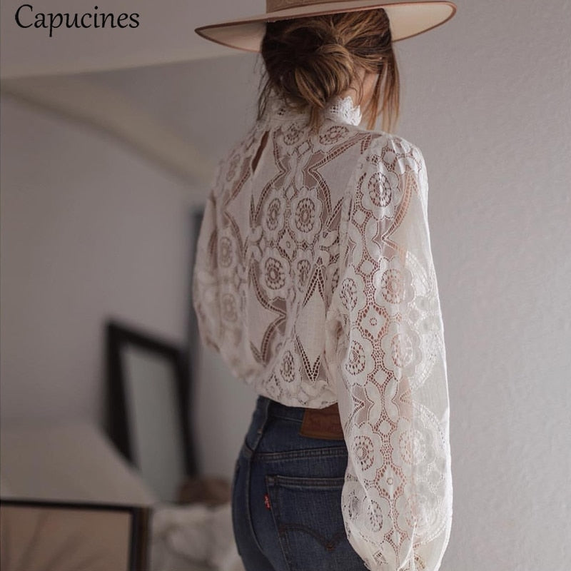 Women Summer Fashion Hollow Out Lace Blouse Stand Collar Floral Lace Casual Tops - WSB8276