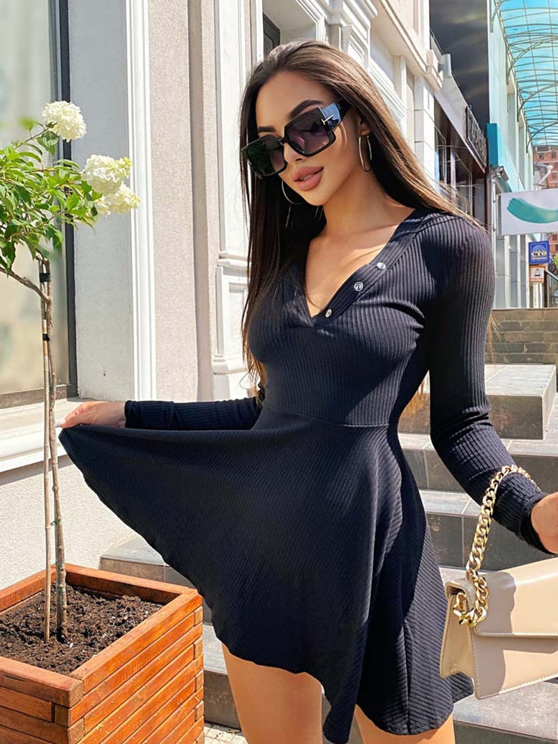 Women V neck Buttons Ribbed Knit Dress Autumn Long Sleeve Solid Color Casual Slim A Line Mini Dress - WD8275