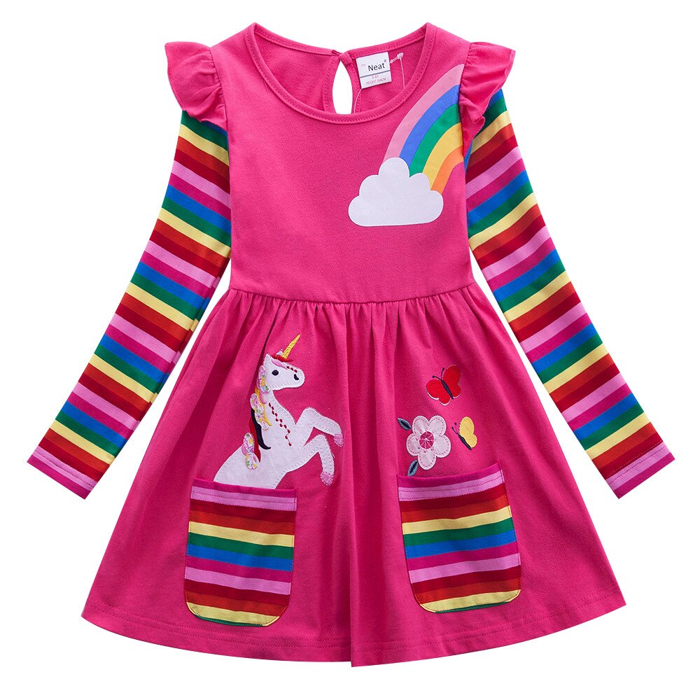 Kids Girls Long Sleeve Unicorn Dress Autumn New Embroidered Cotton Kids Dress - KGD8289