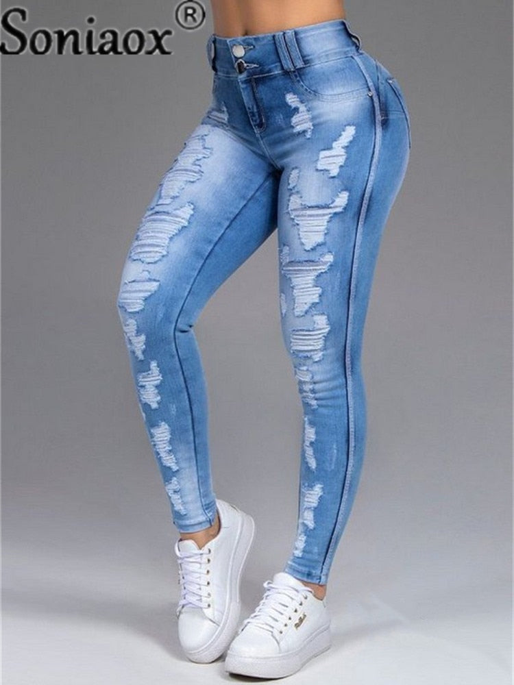 Women's Pants High Stretch Jeans High Waist Skinny Ripped Vintage Hole Slim Full Length - WJN0017