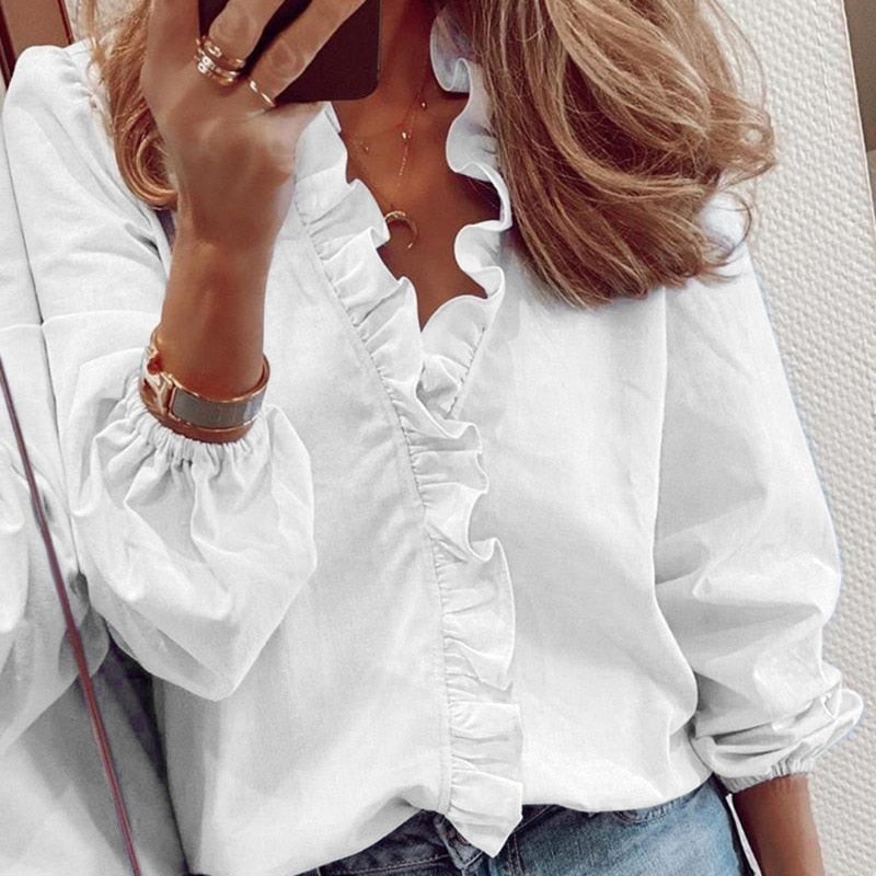 Womens Tops And Blouses Elegant Long Sleeve White Shirt Solid Color Blouse - WSB8529