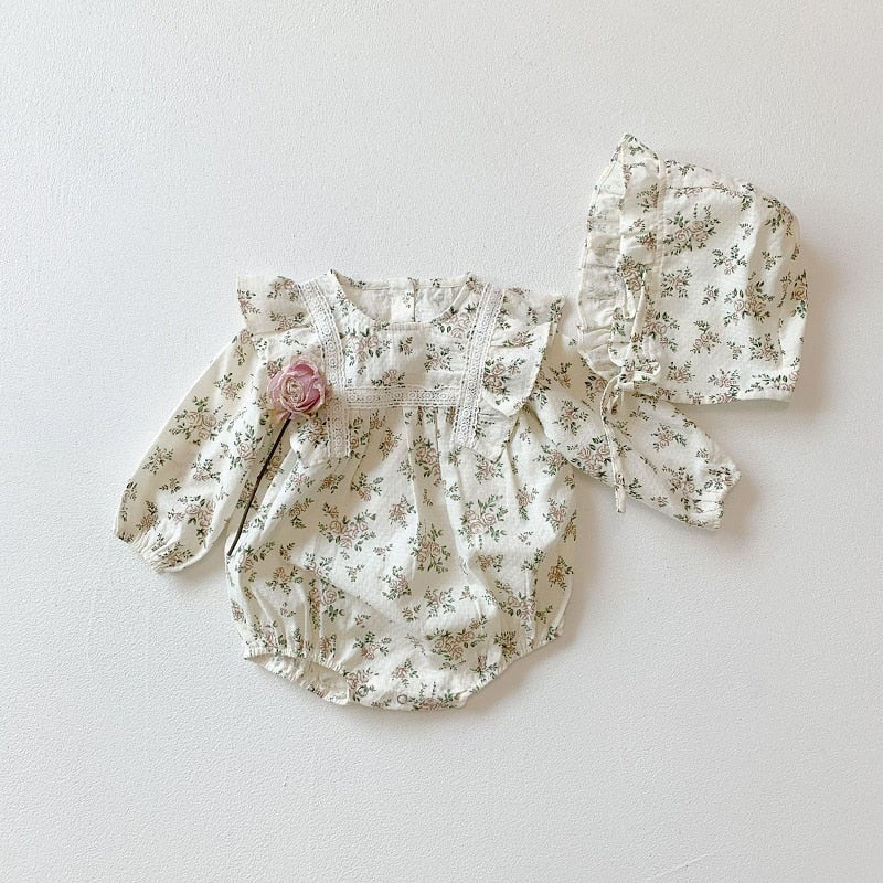 Baby Girls 2Pcs Lace Ruffle Cute Floral Long Sleeve Romper - BTGR8428