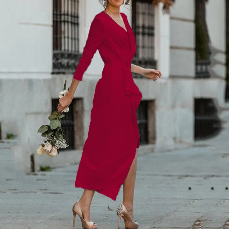 Women V Neck Pencil Dress Long Sleeves Solid Color Casual Split Elegant Slim Bodycon Dress - WD8236