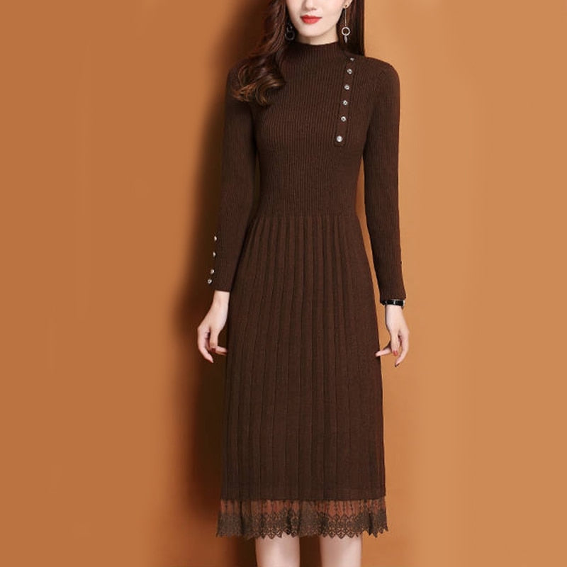 Women Autumn Winter Sweater Knitted a line Dress Ribbed Slim Elastic Long Sleeve Lady Bodycon Midi Dress - WD8144