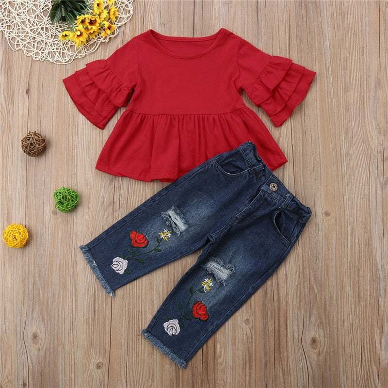 Baby&Toddler Girl Fashion  Flare Sleeve Solid Color 2Piece Outfits - BTGO8383