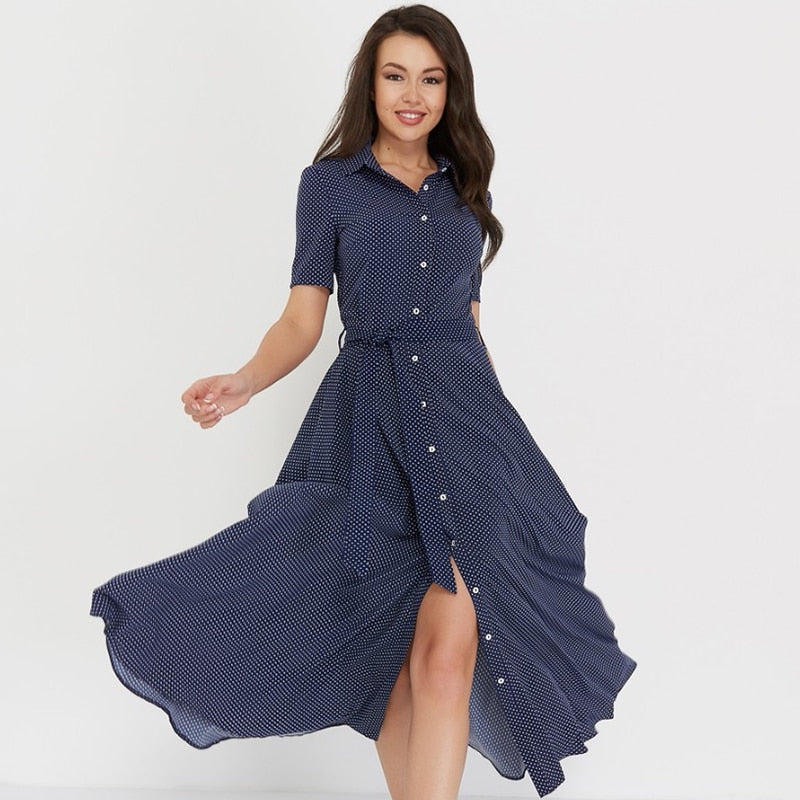 Women Dot Print Turn-down Collar Midi Shirt Dress Summer Single Breasted Belt Short Sleeve A Line Casual Dress - WD8256