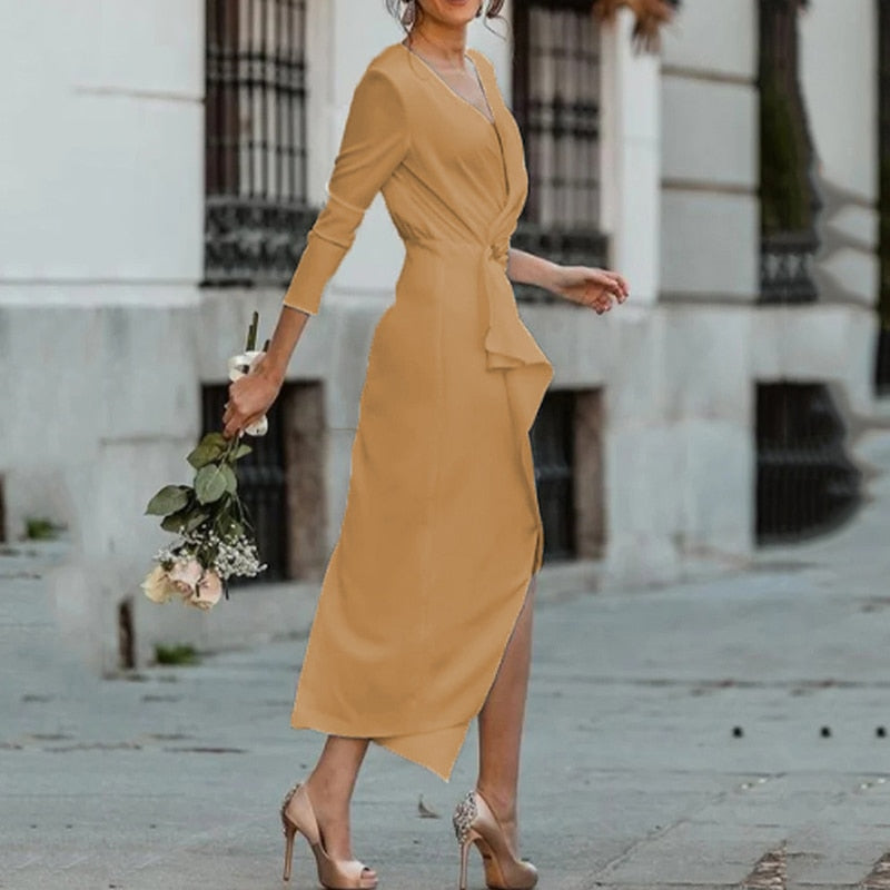Women V Neck Pencil Dress Long Sleeves Solid Color Casual Split Elegant Slim Bodycon Dress - WD8236