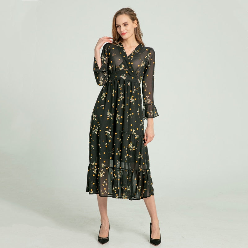 Women Summer Beach Style Three Quarter Flare Sleeve Empire A-Line Ankle-Length Floral V-Neck Women Dresses - WD8202