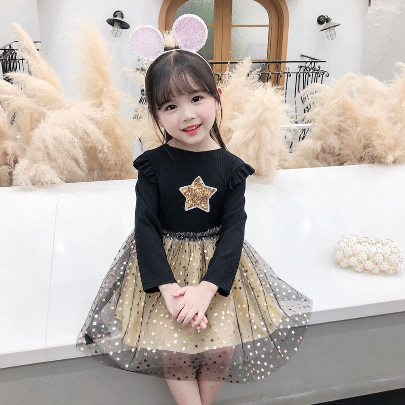 Baby Girls Spring Autumn Sweater Star Dress Infant Girl's Christmas Children Clothing Toddler Kids Dress - BTGD8516
