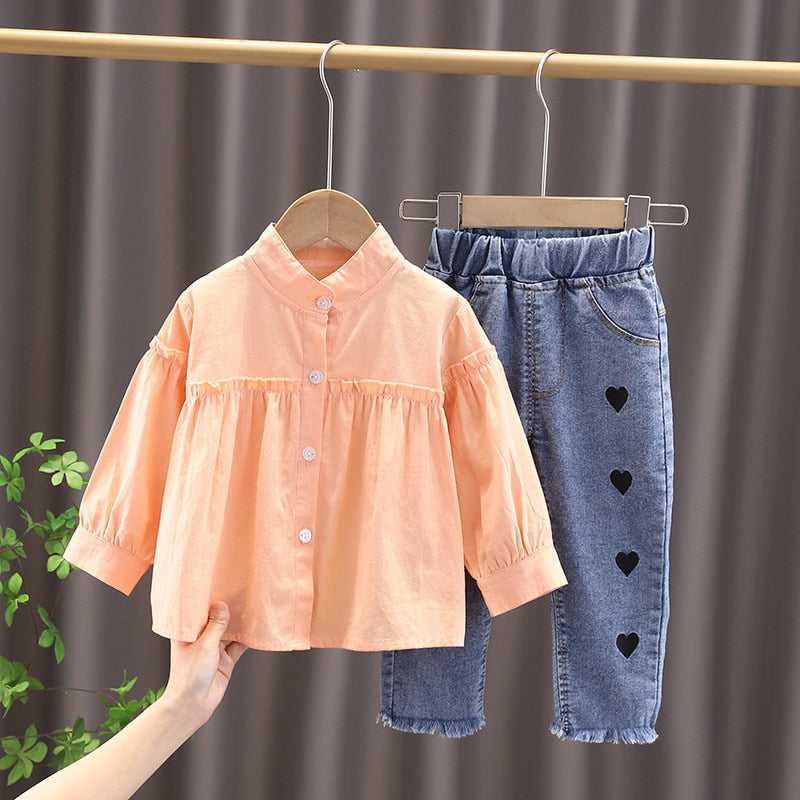 Toddler Girl Spring Outfit Fashion Casual Long-sleeved Shirt + Cute Love Printed Two Piece Set - BTGO8401
