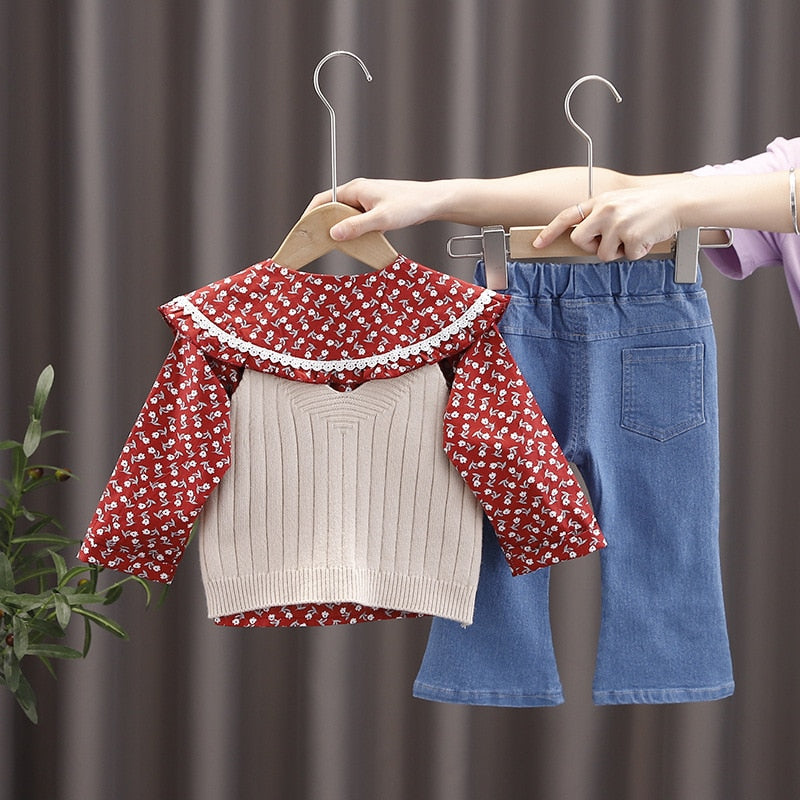 Baby Girl Clothes Set Autumn Sweet Doll Collar Long Sleeve Outfits - BTGO8407