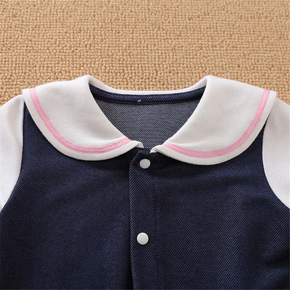 Newborn Navy Baby Doll Collar Ribbons Rompers Jumsuit - BTGR8438