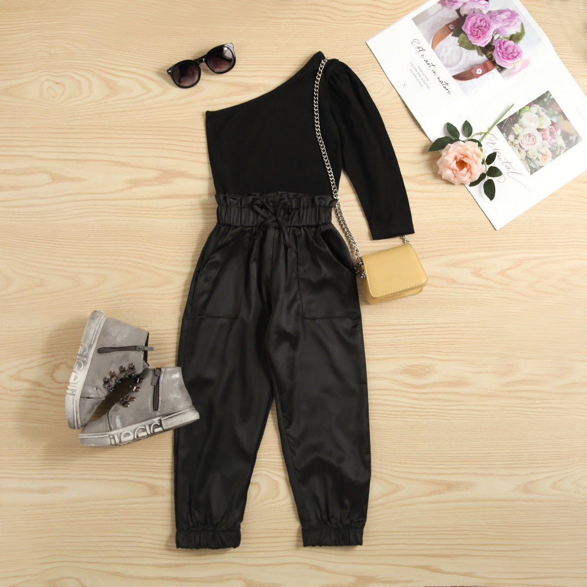 Baby Girls Fashion 2Pcs Clothes Set Solid Color Long Sleeve One Shoulder Pullover Tops with PU Leather Long Pants - BTGO8392