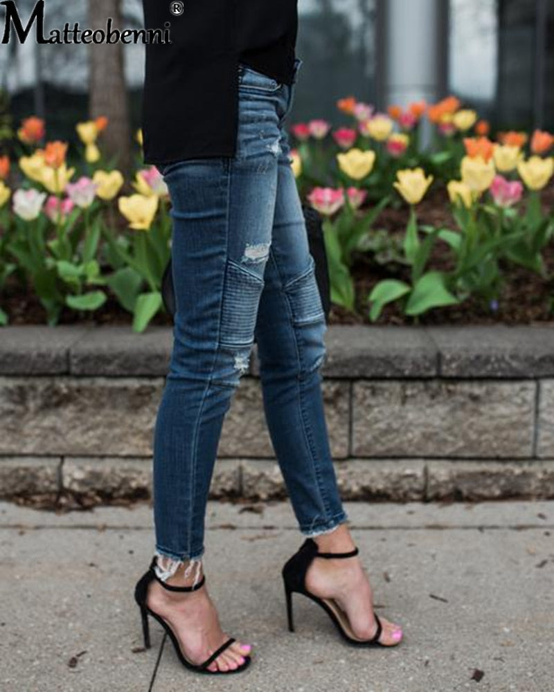 Women Fashion Mid Waist Skinny Vintage Distressed Denim Jeans - WJN0004