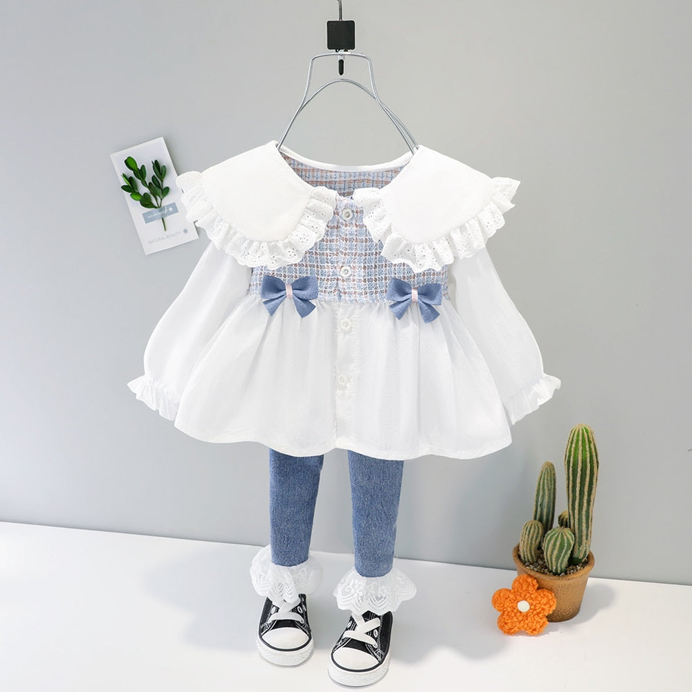 Baby Girl Lace Fold Clothes Hot Cute Kid Autumn Top + Denim Jeans