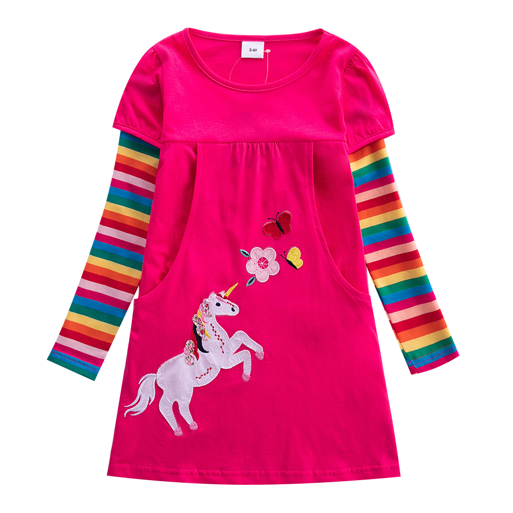 Kids Girls Long Sleeve Unicorn Dress Autumn New Embroidered Cotton Kids Dress - KGD8289