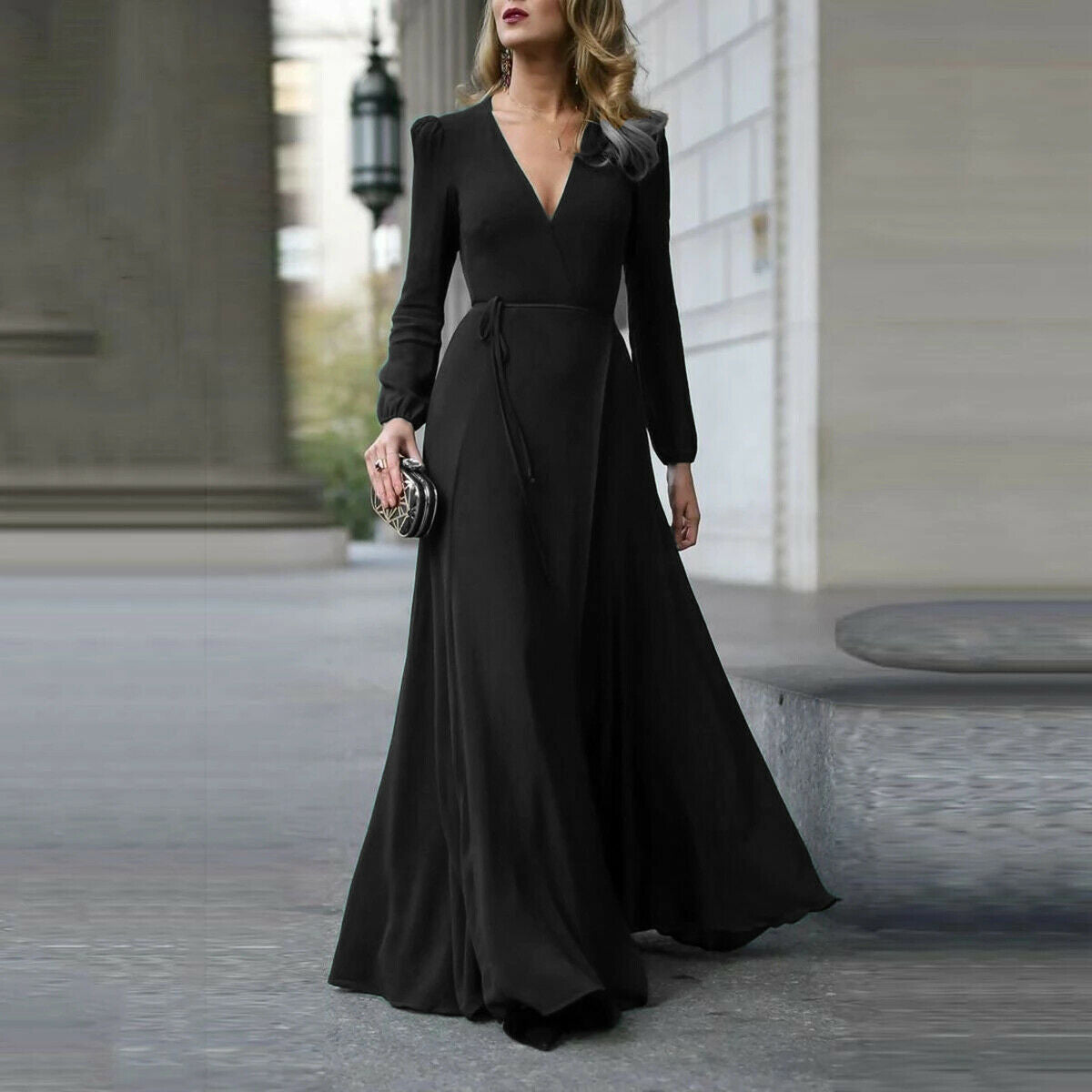 Women Formal Maxi Dress V Neck Long Sleeve Solid color Bandage Office Ladies Evening Party Dress - WD8031