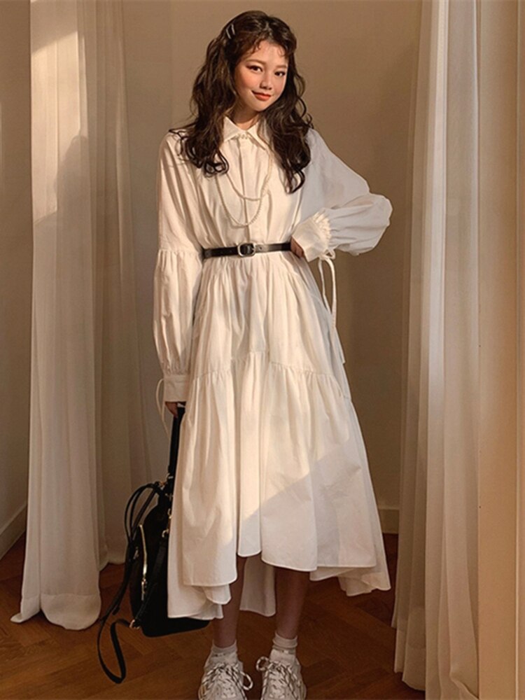 Women Dress Long Sleeve Spring Autumn Vintage Designer Collar Lapel Button Up Ruched Ruffles Cotton White Dresses - WD8052