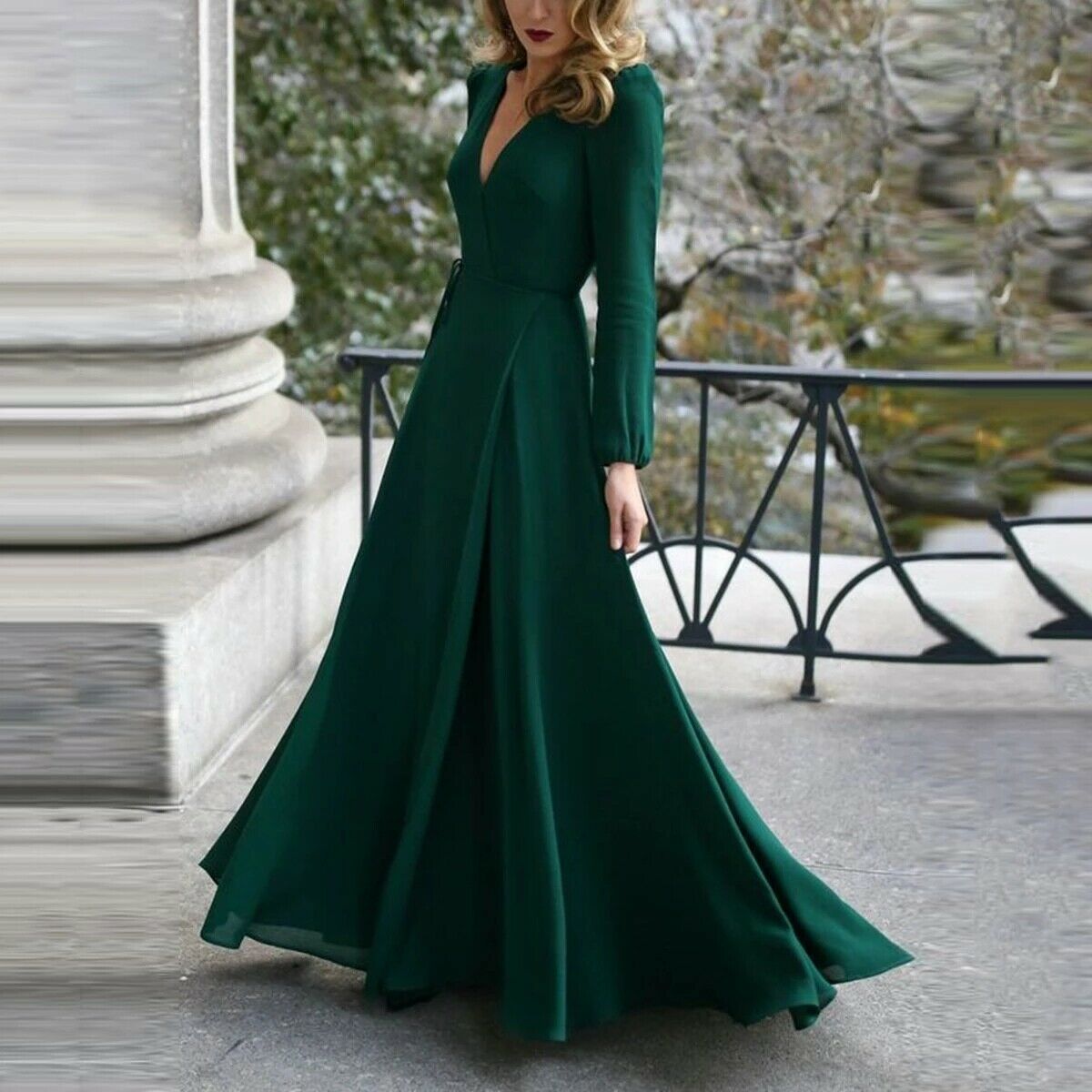Women Formal Maxi Dress V Neck Long Sleeve Solid color Bandage Office Ladies Evening Party Dress - WD8031