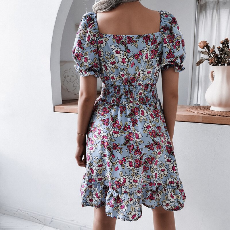 Women Summer Casual Square Collar Floral Printed Ruffled Dress - WD8233