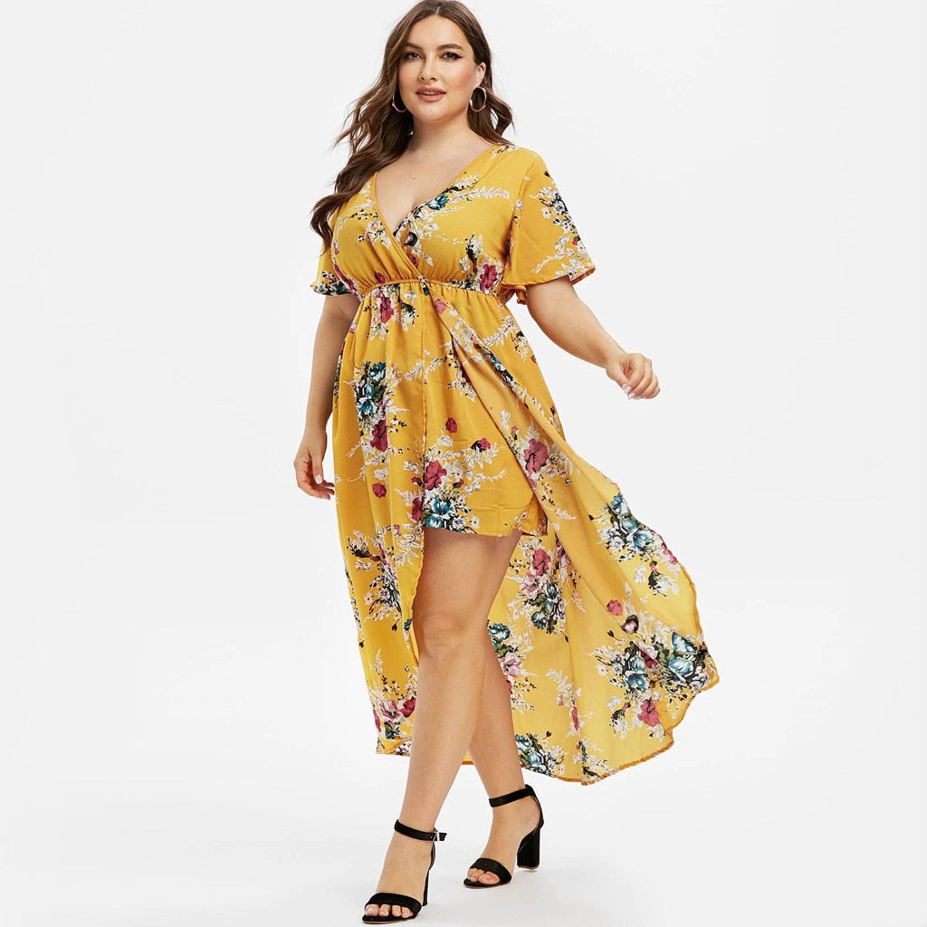 Women Plus Size Floral Printed Dress Short Sleeve Bell Sleeve High Low Maxi Dress - WD8186