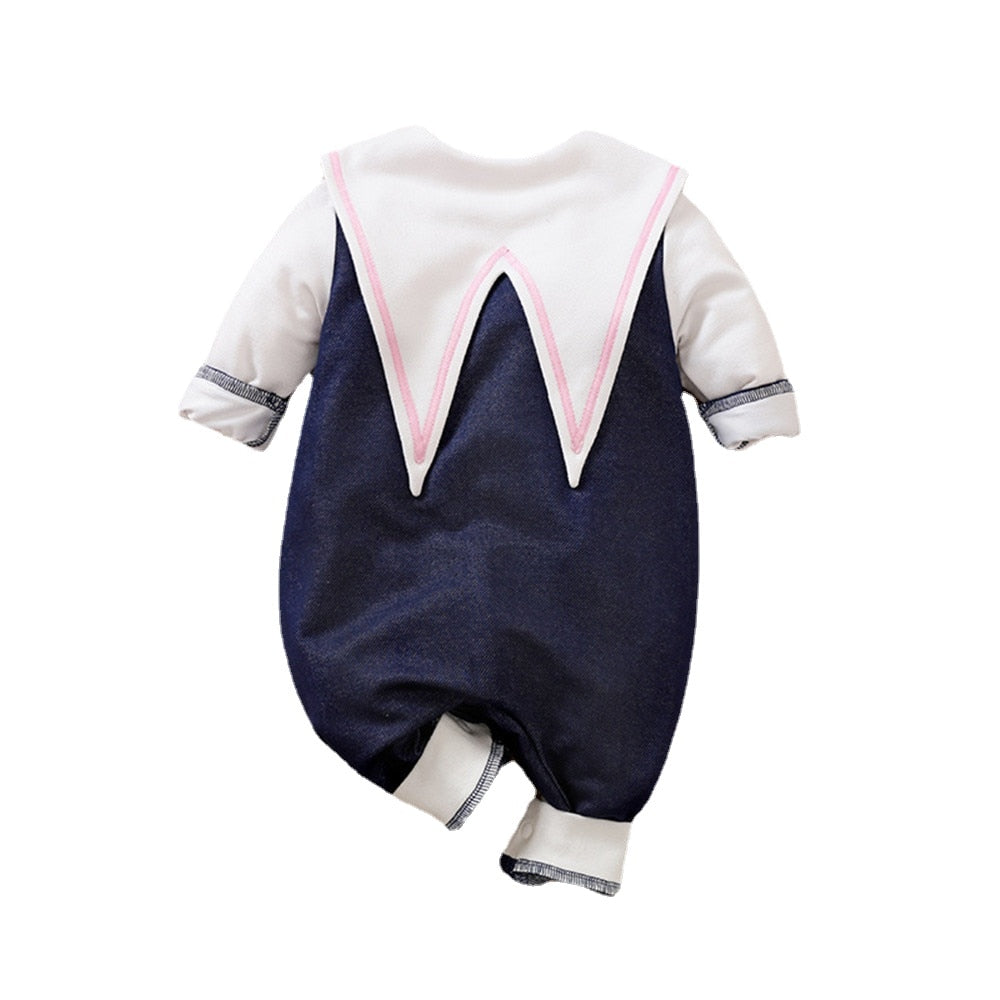 Newborn Navy Baby Doll Collar Ribbons Rompers Jumsuit - BTGR8438