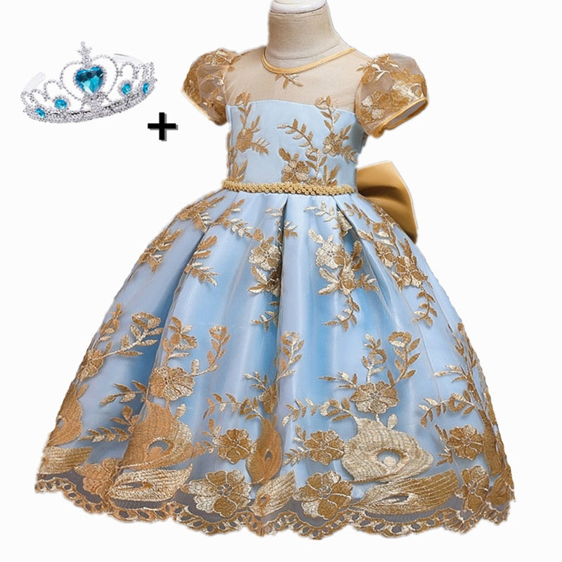 Kids Girls Flower Embroidered Princess Lace Ball Gown Wedding Party Dress