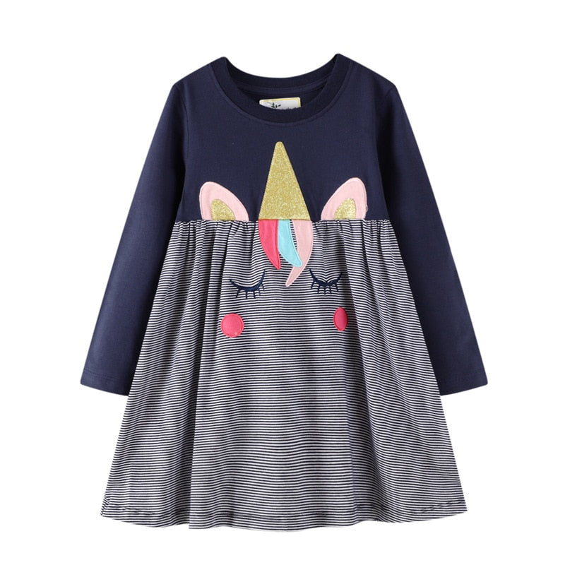 Kids Girls' long-sleeved cute embroidered unicorn Smiley autumn cotton casual round neck A-line dress - KGD8295