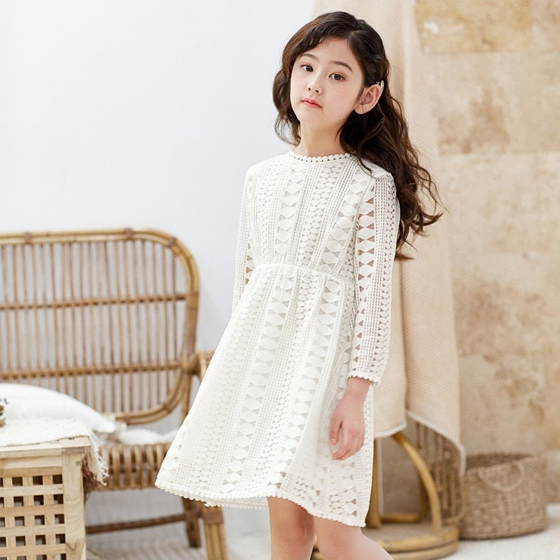 Kids Girl Teenage White Blue Wedding Party Dress Lace Long Sleeve Children Clothing - KGD8368