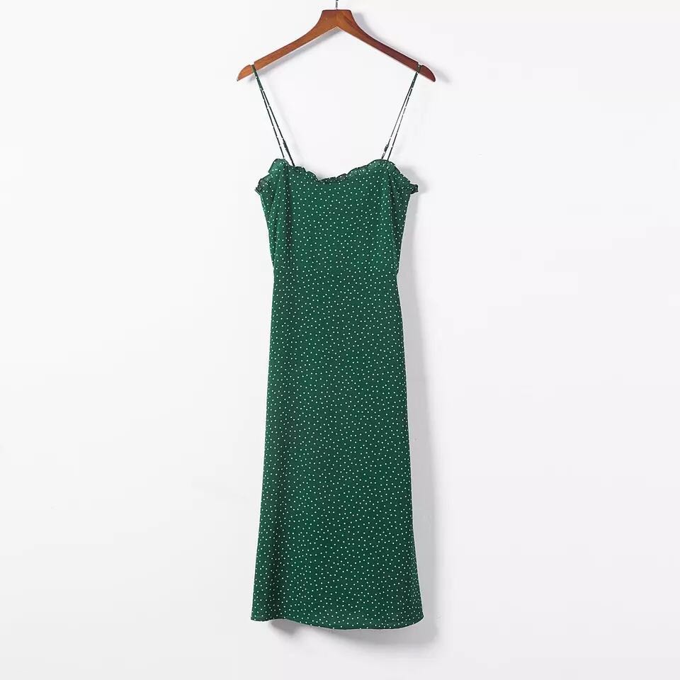 Women New-Coming Summer European Retro Dark green Dot Spaghetti Strap Lace Dress - WD8207