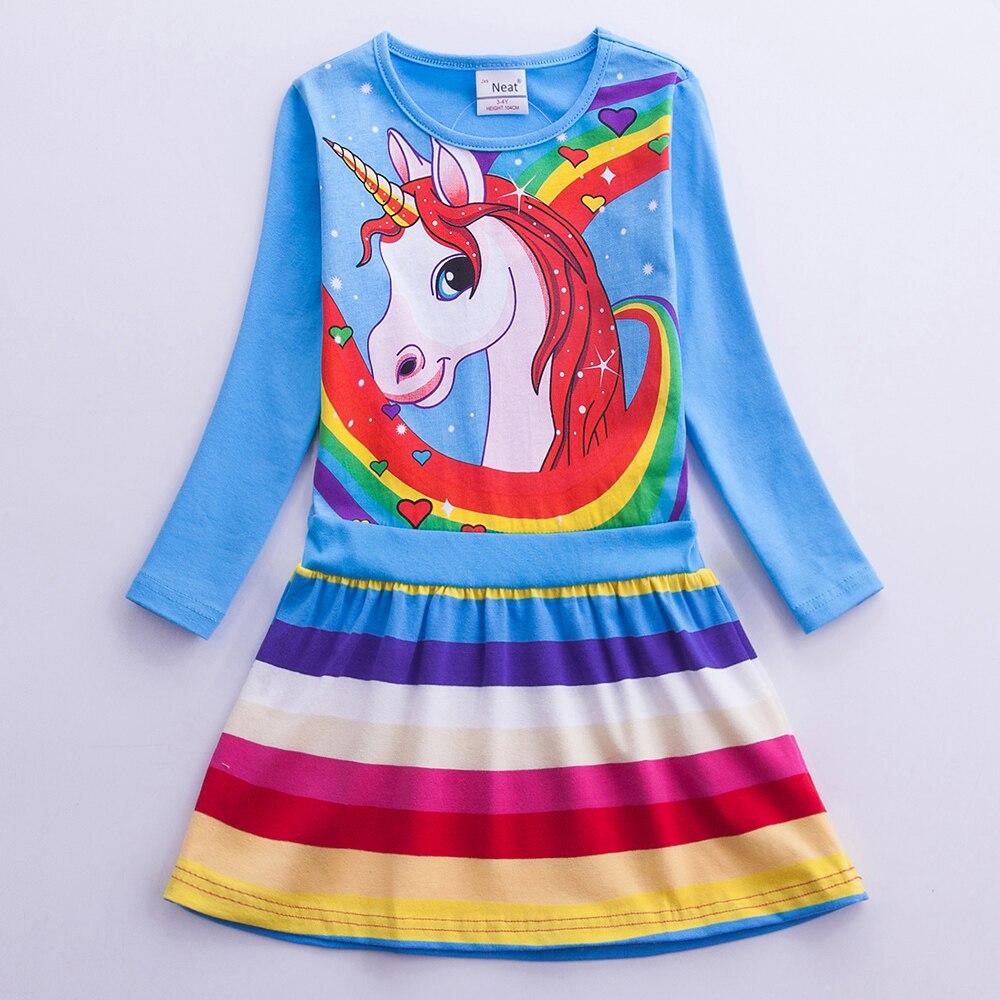 Kids Girls Autumn Unicorn Girl Kids Long Sleeve A-line Rainbow Dress - KGD8301