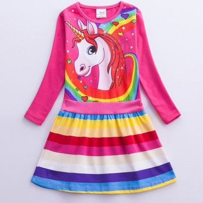 Kids Girls Autumn Unicorn Girl Kids Long Sleeve A-line Rainbow Dress - KGD8301