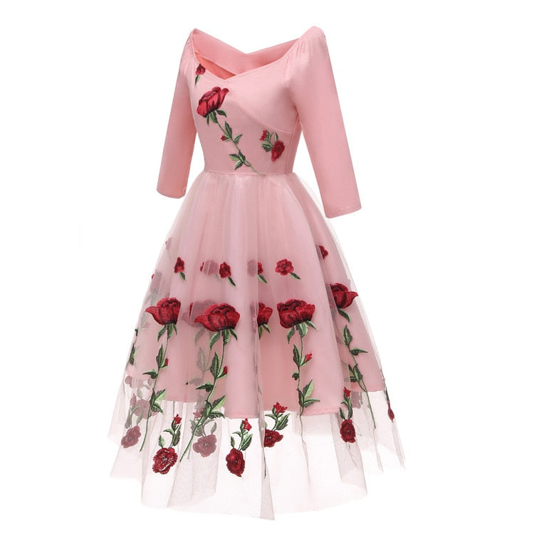 Women Rose Embroidery Dress Slash Neck 3/4 Sleeves Wrap High Waist Dress - WD8253