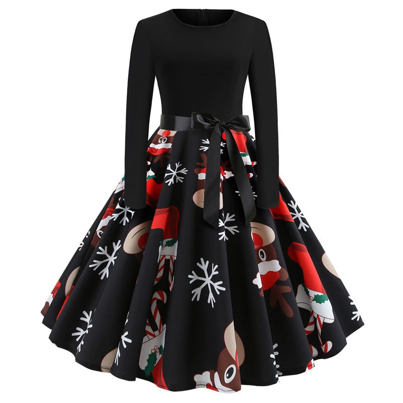 Women Winter Long Sleeve Printed Black Christmas Dresses - WD8012