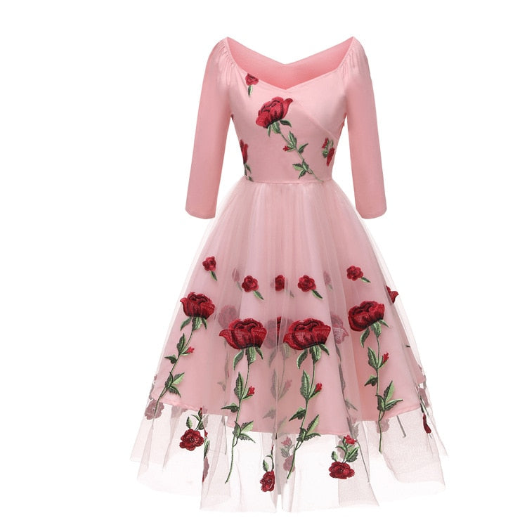 Women Rose Embroidery Dress Slash Neck 3/4 Sleeves Wrap High Waist Dress - WD8253