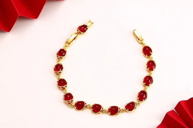 ( 18 cm + 3 cm ) Blood-Red / Green Water Stone Bracelet For Women Original Designs Fashion Jewelry 24 k Pure Gold Color