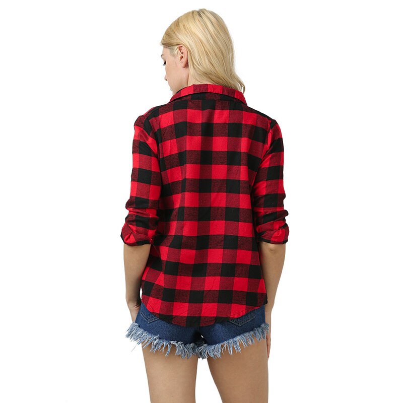 Women new casual long-sleeved red plaid lapel mid-length fashionable Blouse