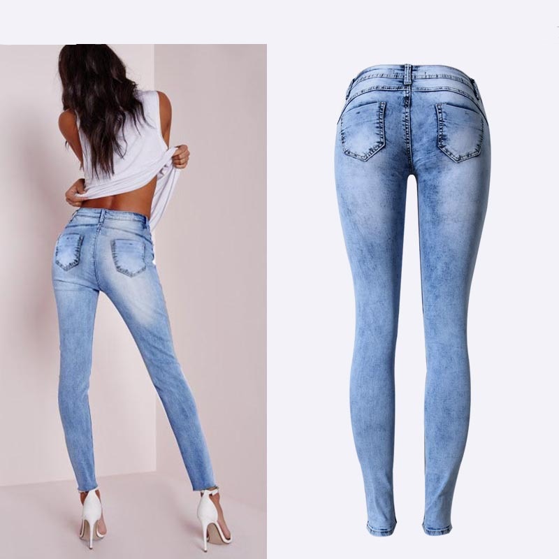 Women Pencil Jeans Low Waist Sky Blue Patchwork Skinny High Stretch Denim Jeans - WJN0022
