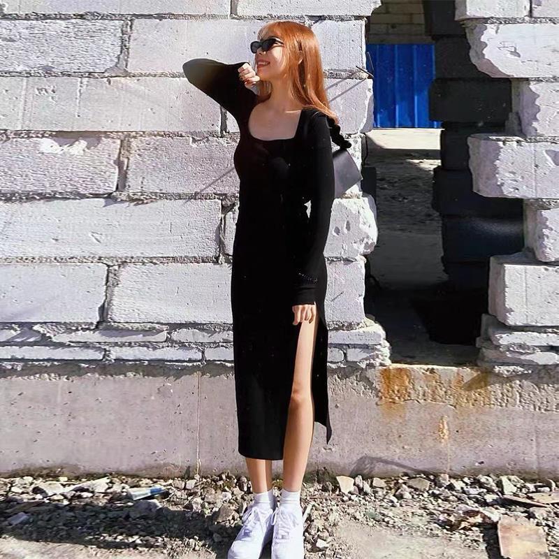 Women Long Sleeve Dress Mid-calf Length Square Collar Black Sheath Retro Slim Dress - WD8151