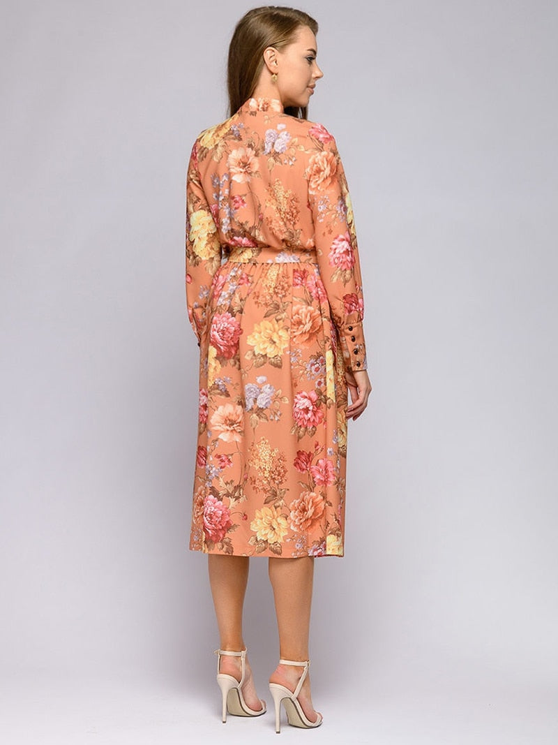Women Floral Print Bow Tie Belt Dress Long Sleeves A-Line Vintage Midi Party Dress - WD8257